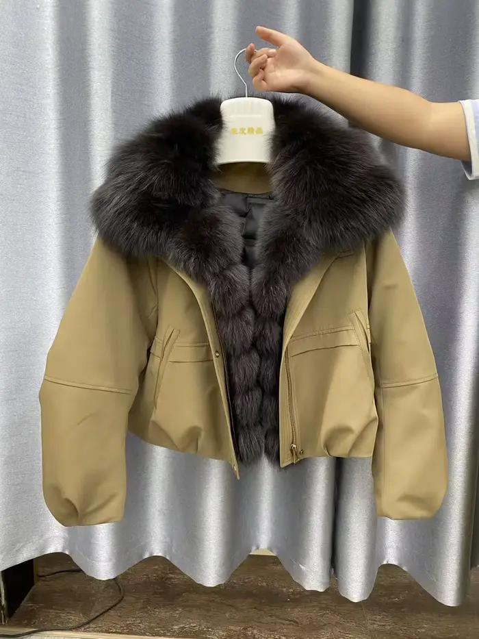 Veste d'hiver en duvet d'oie blanche pour femme, manteau épais et chaud en fourrure naturelle, col e