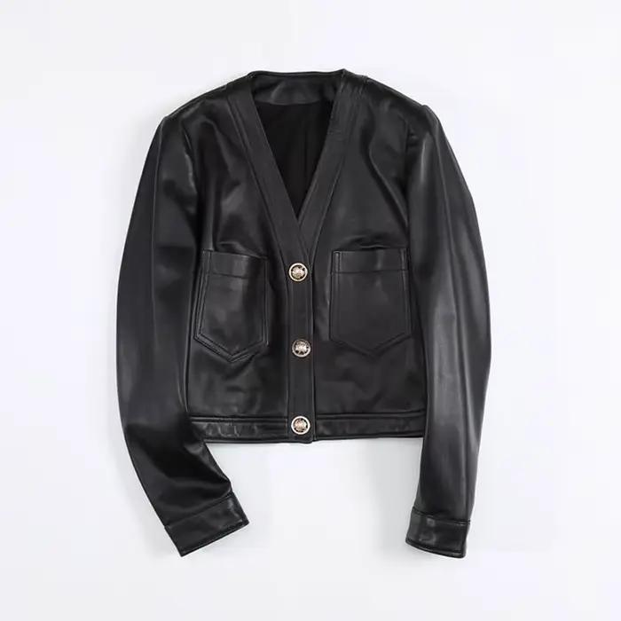 Vestes courtes à col en v pour femmes, 100% peau de mouton, mode simple boutonnage, taille haute, ma