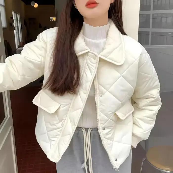 Parka courte en coton beige pour femme, manteau rembourré, veste légère, style collège coréen, autom