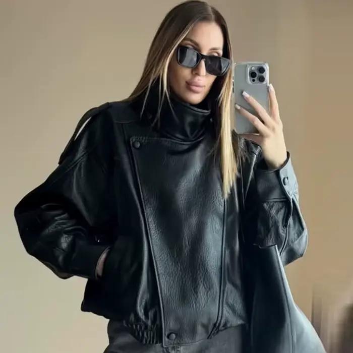 HXAO femmes vestes noir veste en simili cuir femme 2025 asymétrique à manches longues vêtements d'ex