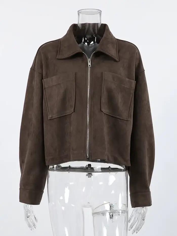 Veste courte en daim marron foncé pour femme, manteau d'automne, col rabattu, manches longues, ferme