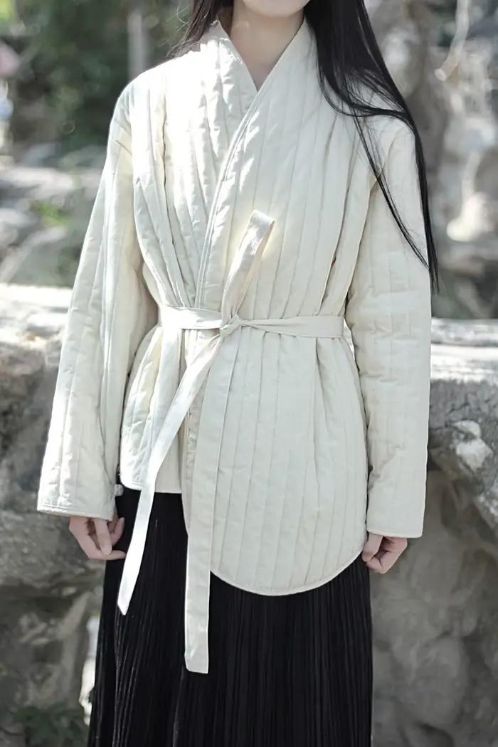 2025 Nouvelle veste vintage en coton chaud pour femme avec cravate