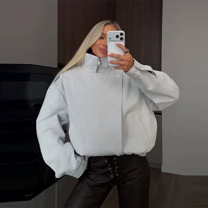 Veste Courte Femme Col Montant Demi-Zip Boutons et Fermeture Éclair Poches Manches Longues Manteau P