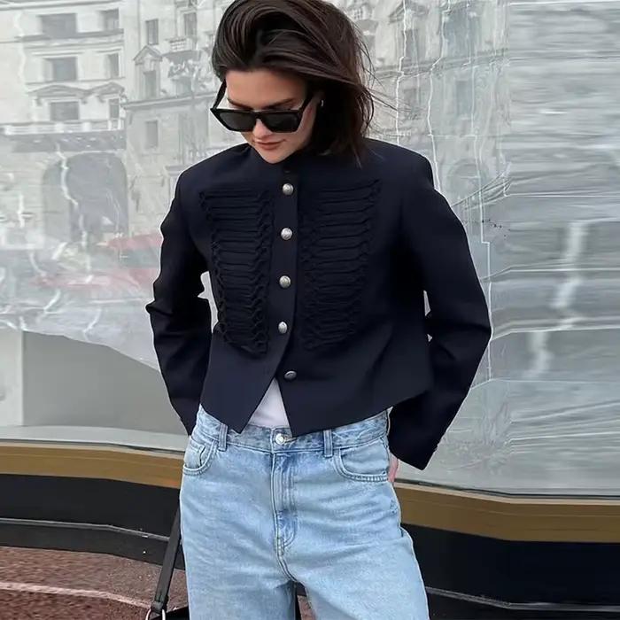 Veste courte chic à la mode pour femmes, col rond, manches longues, noire, manteaux courts, printemp