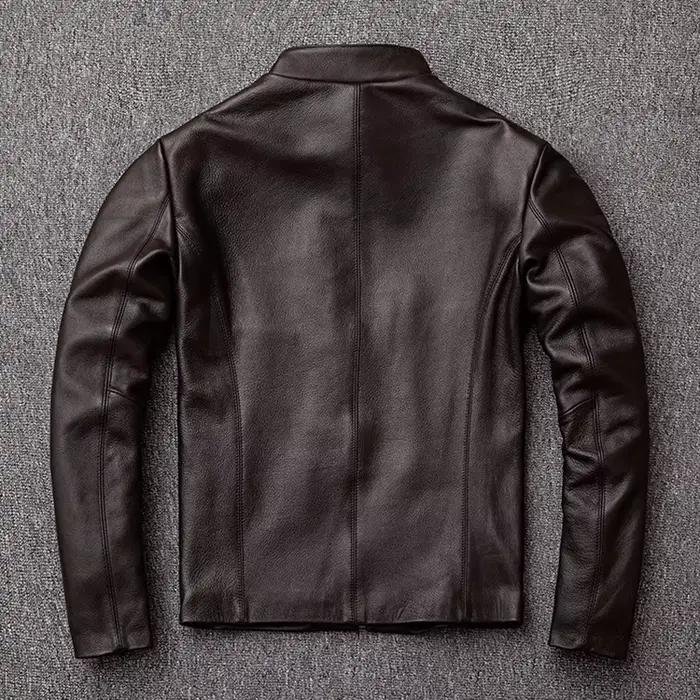 Veste en cuir véritable pour homme, coupe slim, col montant, première couche de cuir de vachette, vê