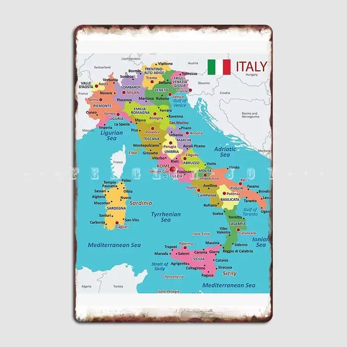 Affiche de carte d'Italie avec régions et villes principales, plaque en métal, murale, décor mural p