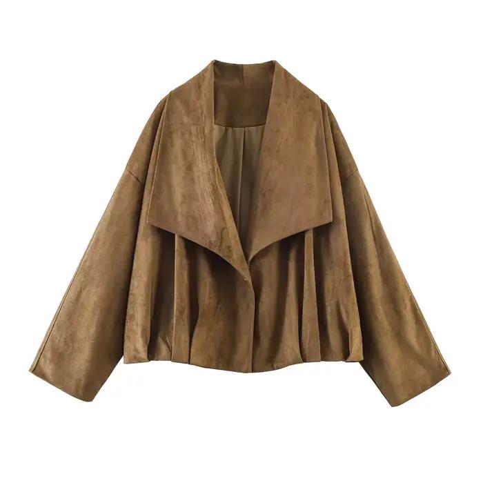 HH Veste Courte Femme Style Urbain, Col Large, Décoration Plissée, Texture Suédée, Couleur Unie, Déc