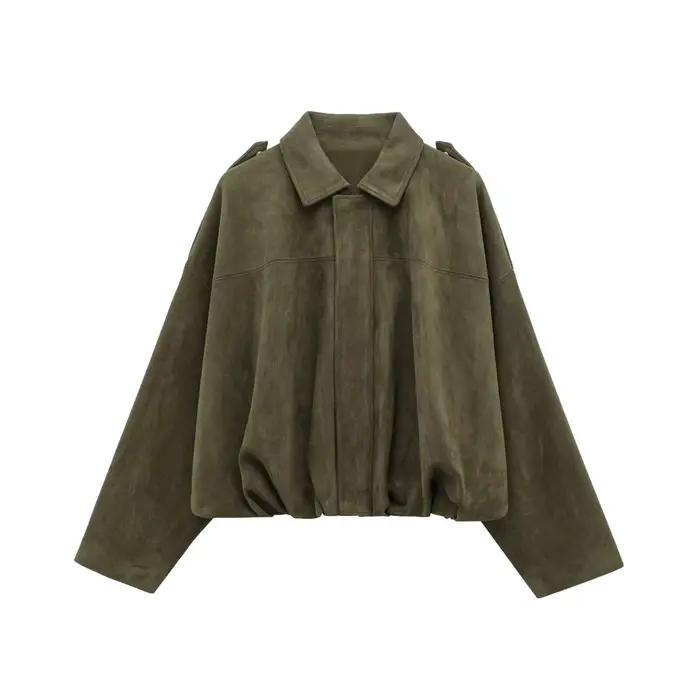 HH – veste Texture en daim pour femmes, manches longues, col rabattu, fermeture éclair élastique, bo