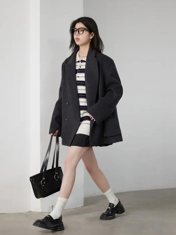CHIC VEN-Blazer en laine vintage pour femme, veste à col en V, double boutonnage imbibé, manteau de 