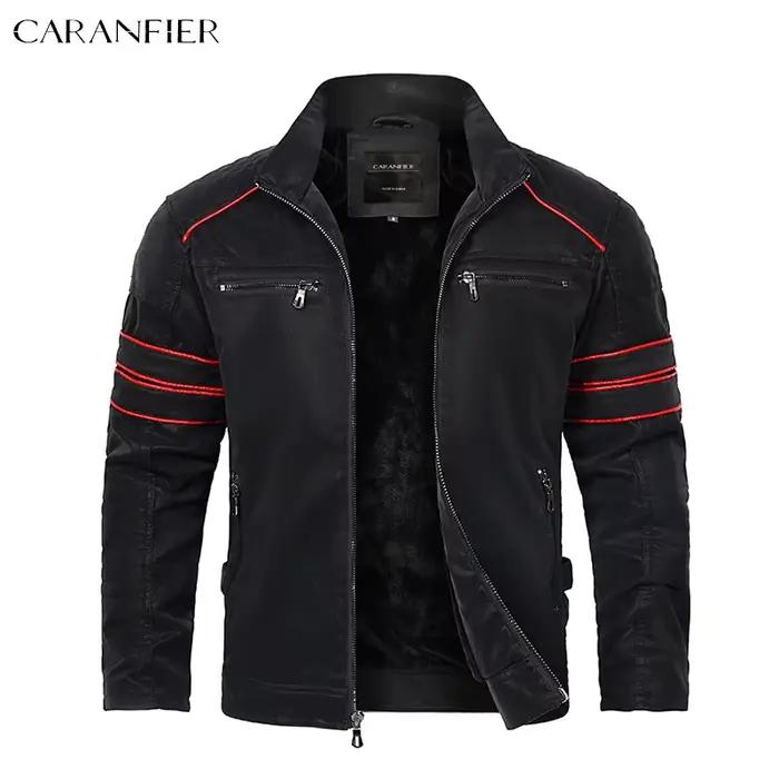 CARANFIER-Veste en cuir délavée pour homme, manteau de motard en velours PU, rétro, automne, hiver, 