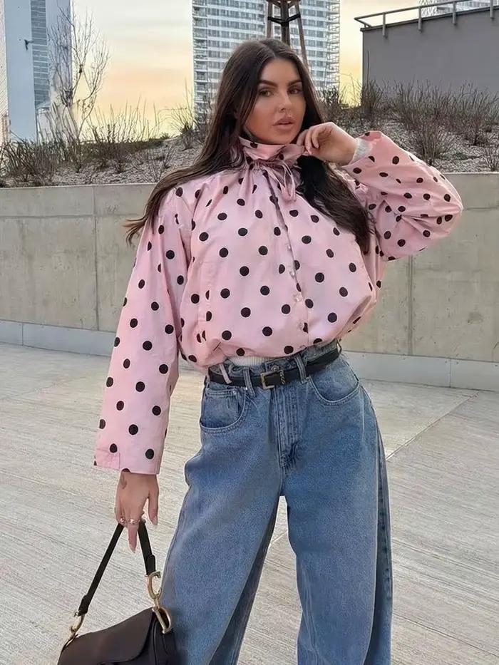 HH Veste élégante pour femme à pois roses, simple boutonnage, col montant, avec cordon de serrage, T