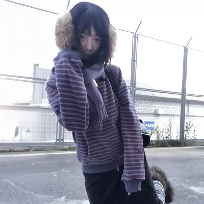 Karrram japonais Y2k violet rayé Cardigan 2000s Style col roulé tricoté veste Vintage Harajuku ferme
