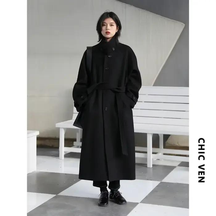 CHIC VEN-Long manteau trench pour femme, manteau en laine à lacets, pardessus à manches Leurs lan, c