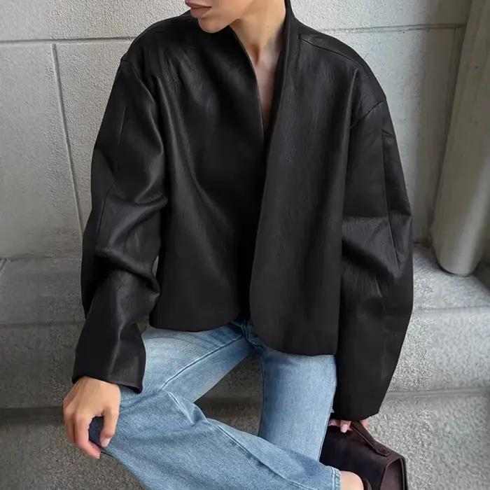 Veste en cuir noir pour femmes, Style motard, surdimensionnée, col montant, manteau Vintage, vêtemen