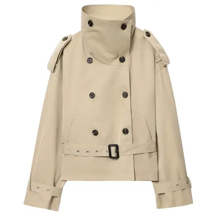 Manteau Trench pour Femme, Khaki, Col Montant Court, Double Boutonnage, Manches Longues, Veste, Prin