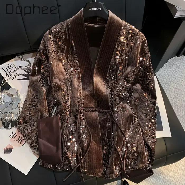 Nouveau manteau en velours à sequins lourds de style chinois pour femmes, élégant, col en V, coupe a