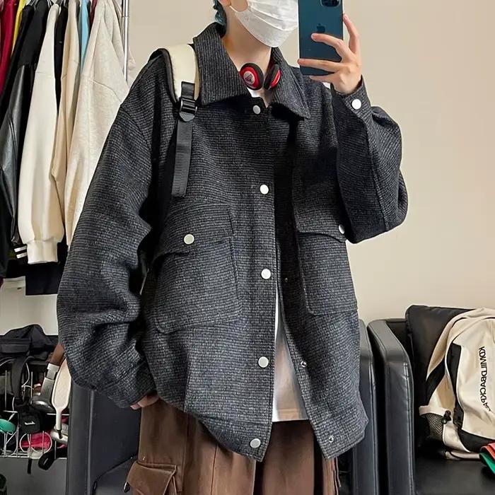 Manteau court en laine noir/café pour hommes, grande poche, mode adt, manches longues, veste décontr