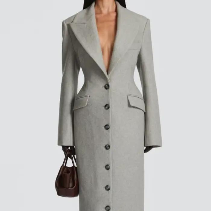 Manteau Long pour femmes, Slim, col en V, simple boutonnage, pardessus avec épaulettes, vestes Maxi 