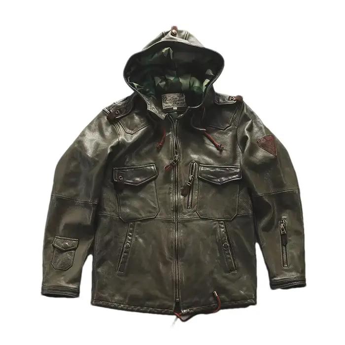 Veste d'hiver en cuir à capuche vert armée pour hommes, Style rétro, grande taille 5XL, véritable pe