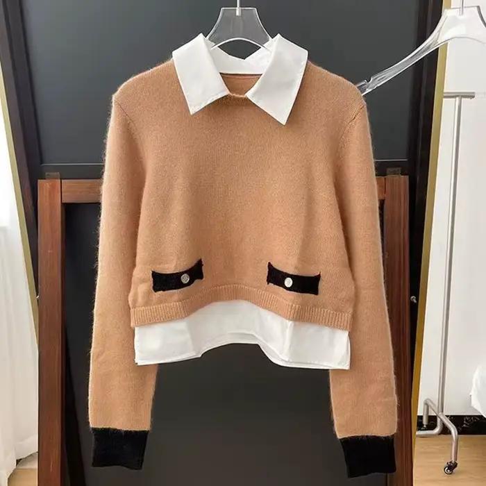 Veste en cuir femme nouveau automne 2025 simple boutonnage coupe ajustée col rond haut à manches lon