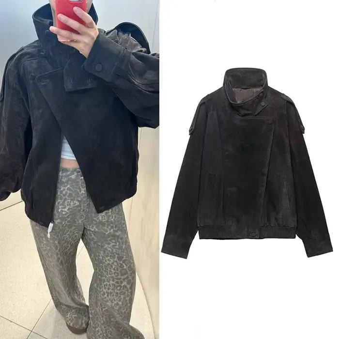 Veste pour femme, printemps 2026, nouvelle veste en similicuir noir à manches longues, style motard,