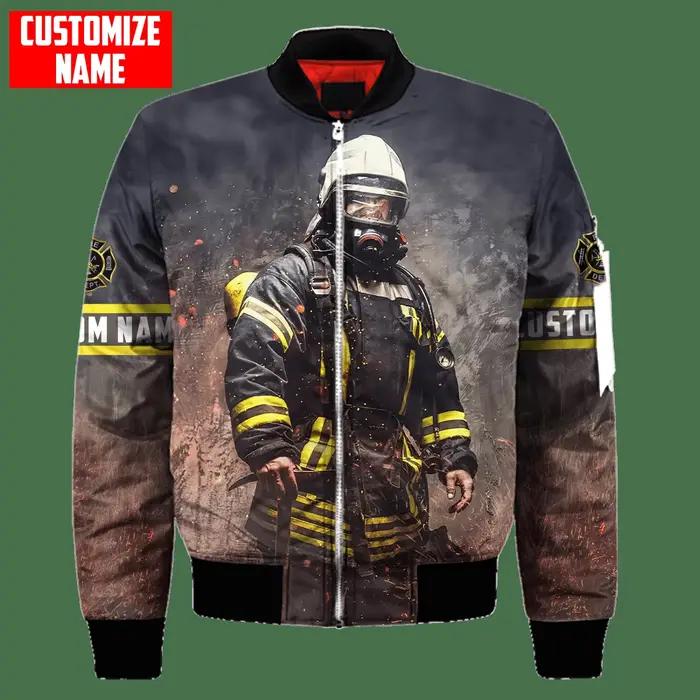 Homme Bomber Personnalisé Nom Brave Pompier 3D Imprimé Hiver Zipper Veste Casual Unisexe Harajuku St