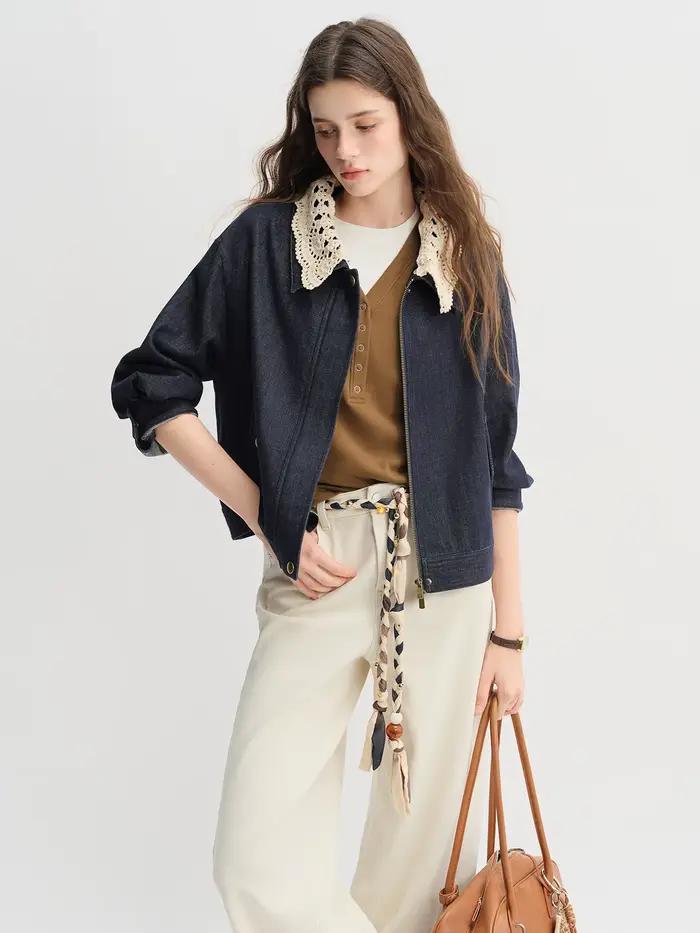 DUSHU doux et Cool à la main col au crochet veste en jean 2025 automne veste courte décontractée 25D