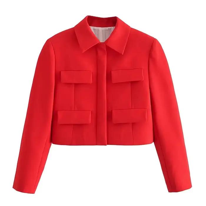 Veste rouge + noire pour femmes, couleur unie, col rabattu, manches longues, hauts courts, mode fémi