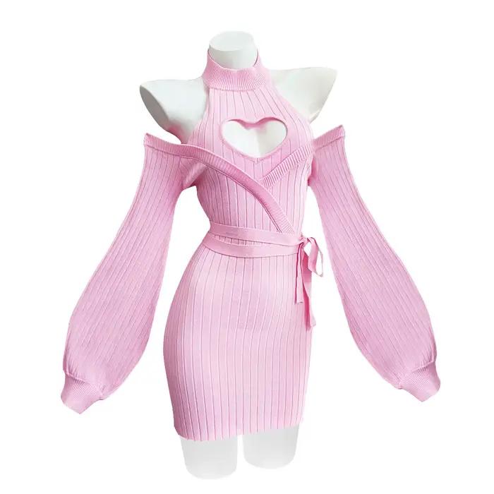 Robe en tricot bleu sexy à motif d'automne et de cœur, bretelles, dos nu, pull à col roulé doux pour