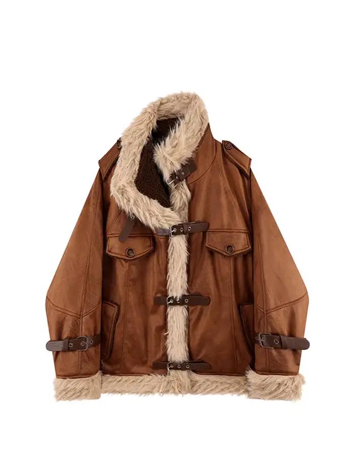 Veste en cuir marron pour femme, manteau vintage des années 90, veste de moto, streetwear coréen, vê