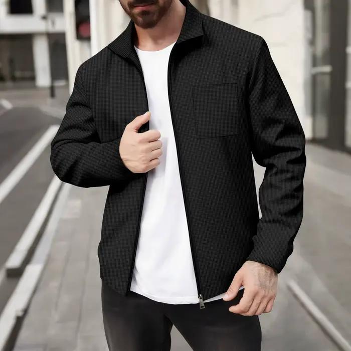 Veste zippée en tricot gaufré pour homme - Manteau léger décontracté à manches longues avec col raba