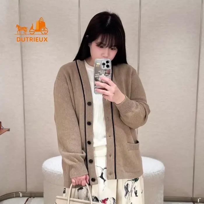 Cardigan en cachemire à col en v pour femme, manteau élégant et décontracté, Style minimaliste, 100%