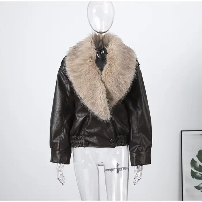 Faxu col de fourrure femmes veste en cuir PU manteau Style Vintage ouvert devant 2025 nouveau haute 