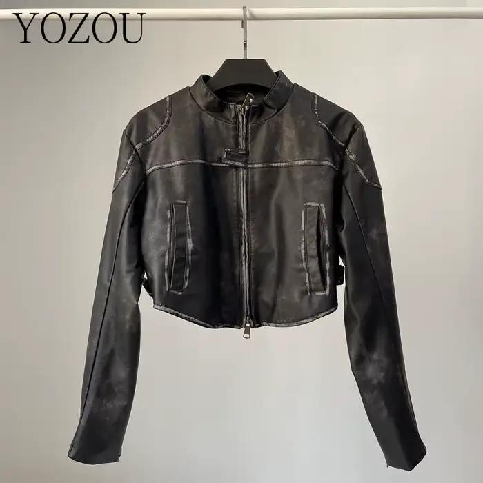 YOZOU-Veste de motard en similicuir PU pour femme, manteau de moto court, fermeture éclair, noir et 