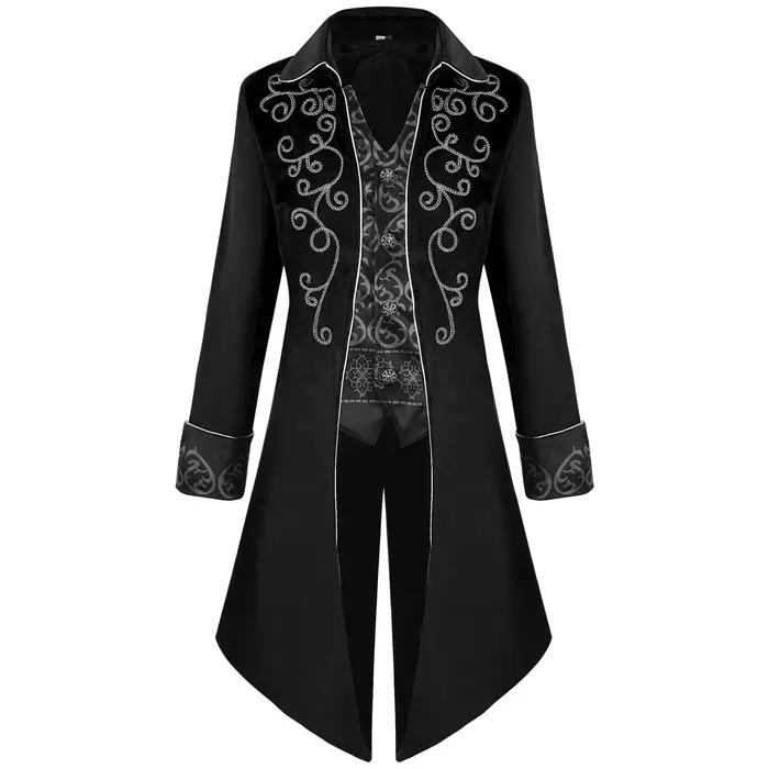 Veste longue brodée rouge pour hommes, Trench-Coat deux pièces faux noir, manteau de queue vintage à