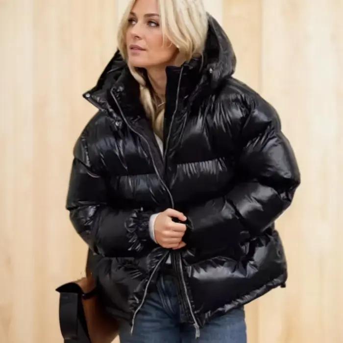 Nouveau hiver mode femmes bleu clair brillant fermeture éclair pain Parka manteau femme col montant 