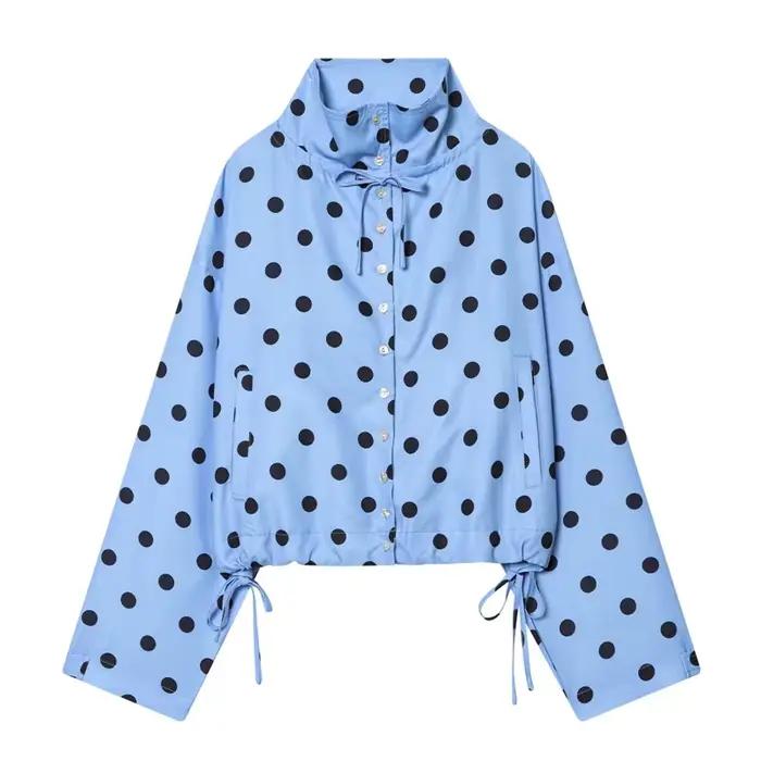 Veste décontractée ample à manches longues à pois pour femme, col montant, confortable, style polyva