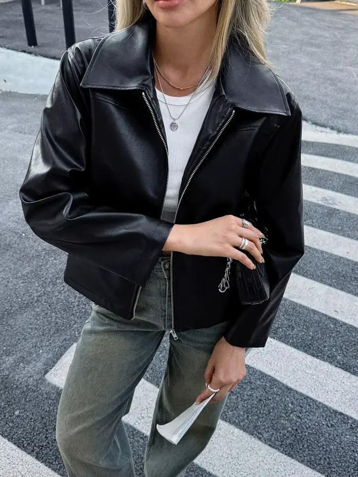 Veste en cuir à manches longues pour femme, collection automne-hiver 2025, style streetwear