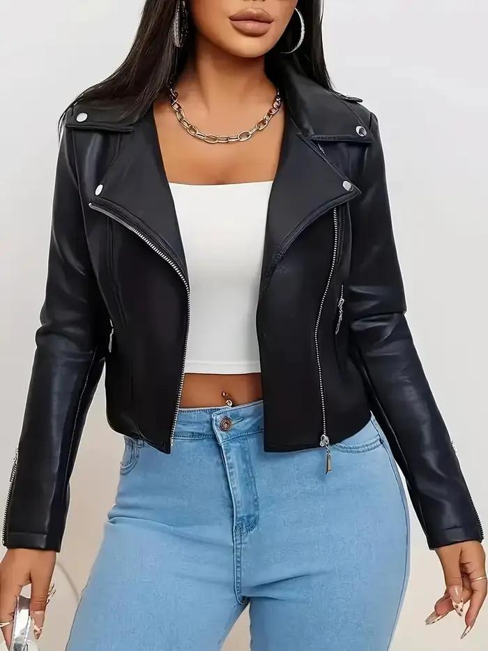 Veste en cuir noir haut de gamme au design tendance pour femmes