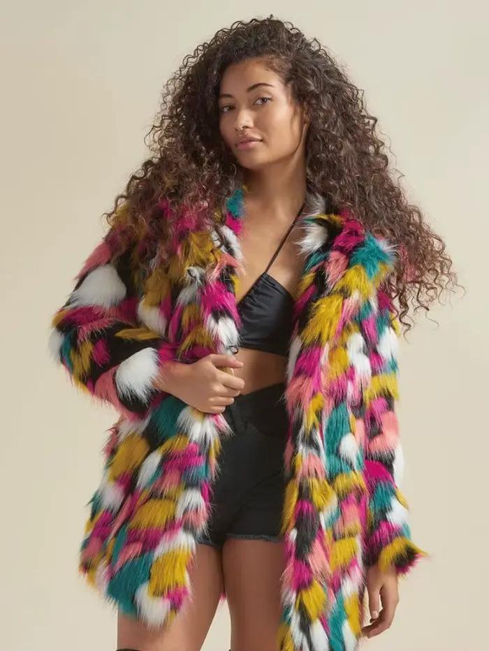 Veste en fausse fourrure de couleur arc-en-ciel pour femme, manteau vintage, manches longues, moelle
