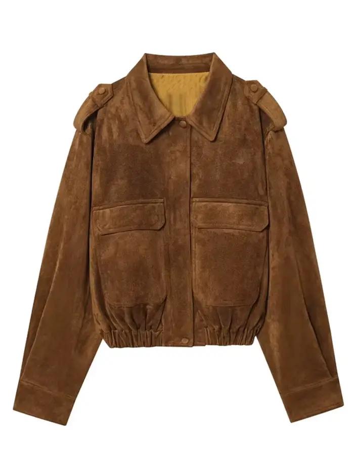 Veste utilitaire à revers pour femmes, manches longues, col rabattu, épaulettes, poche, manteaux bom