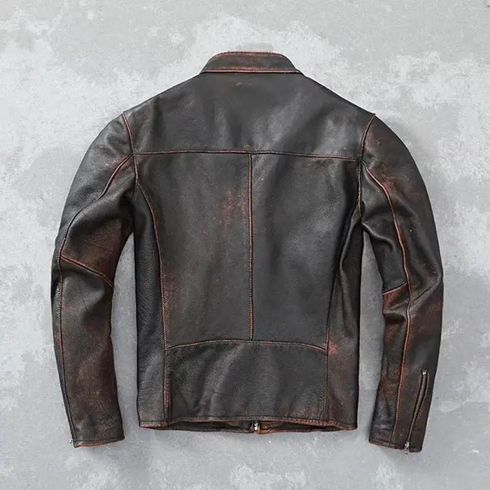 Blouson en cuir homme, court et slim, vintage, rouge, marron, automne