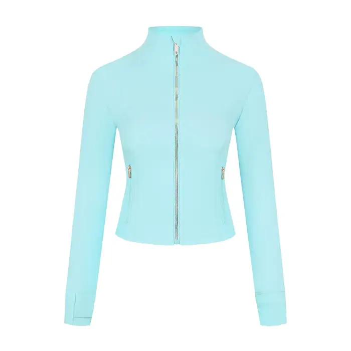 Veste de sport moulante à col montant et fermeture éclair dorée pour femme, idéale pour la course et