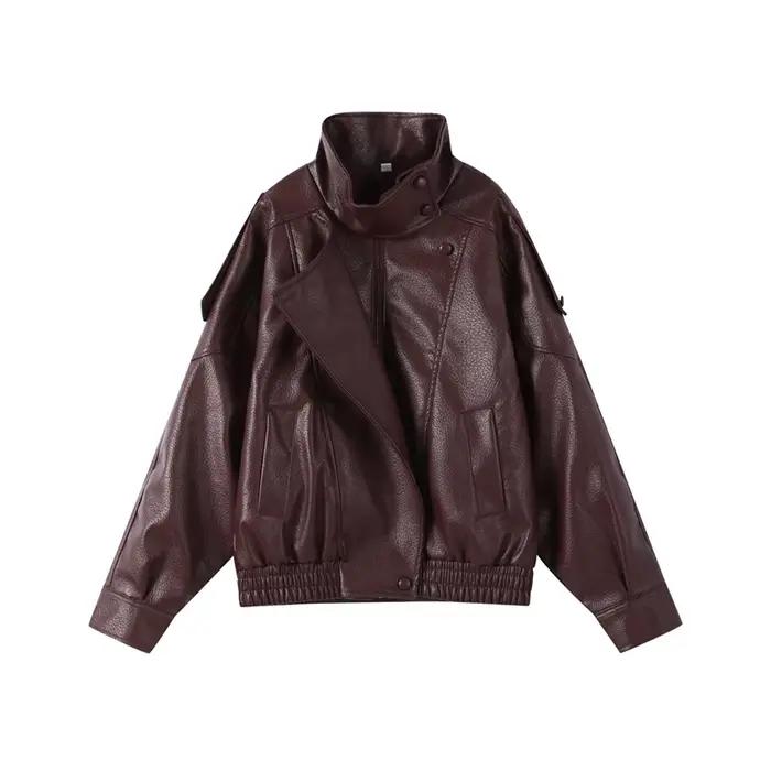 Veste en cuir vintage à col montant pour femme, style moto, asymétrique, ourlet élastique, coupe amp
