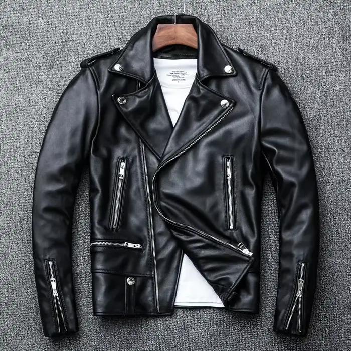 Veste en cuir de mouton naturel pour hommes, veste de moto noire douce, vêtements de moto, manteau c