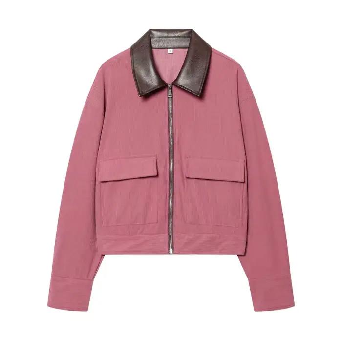 Veste en velours côtelé style vintage pour femme TJ 2026 avec col en similicuir, veste bomber courte