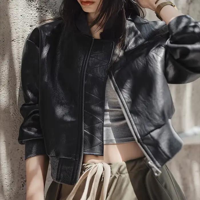 Maden – veste de motard en Faux cuir pour femme, manteau court à fermeture éclair, rétro, Streetwear
