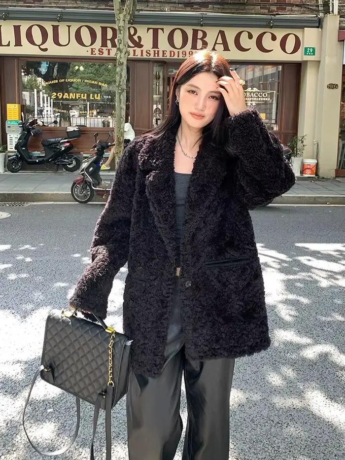 Manteau en laine d'agneau doublé de fourrure noire pour femme, col rabattu, fourrure de vison, mante