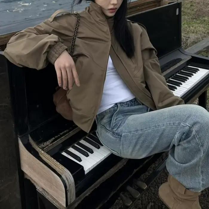 Veste kaki Vintage américaine pour femmes, col ample, Design Sense, uniforme de Baseball, manteau à 