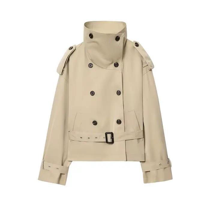MUJER court femmes Trench Coat Double boutonnage coupe-vent femme ceinture manteaux d'hiver pour fem